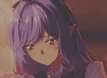 a purple haired anime girl with a bow on her head looks down with her eyes closed