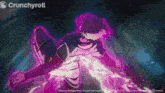 a crunchyroll advertisement with a cartoon character in a purple shirt
