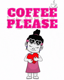 a cartoon girl is holding a heart in front of the words coffee please