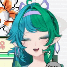 a close up of a girl with green hair and a purple headband