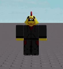 a yellow chicken with a red crest is wearing a black jacket and black pants