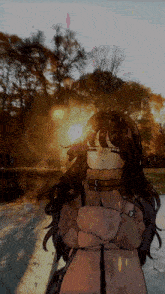 a drawing of a girl standing in a park with the sun behind her