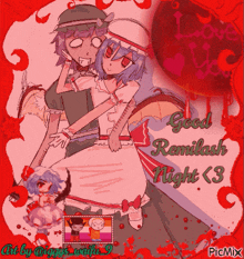 a picture of a couple of anime characters with the words good remilash night < 3