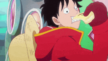 a cartoon character in a red jacket is eating a piece of food