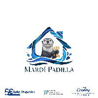 a logo for mardi padilla with an otter holding a key in front of a house