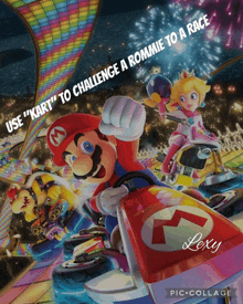 a picture of mario and princess peach with the words " use kart to challenge a rommie to a race "