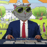 a man in a suit and tie is wearing a cat mask