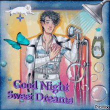a picture of a man taking a shower with the words " good night sweet dreams "