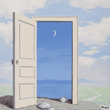 a painting of an open door with a crescent moon in the background