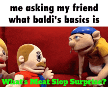 two stuffed animals are sitting on a red couch with the caption " me asking my friend what baldi 's basics is