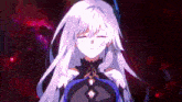 a girl with long white hair and a black dress is standing in a dark room with her eyes closed .
