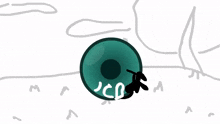 a cartoon drawing of a green ball with a sad face on it .
