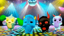 four monsters are dancing on a disco floor