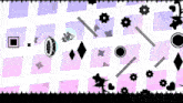 a purple and pink background with geometric shapes including hearts and circles