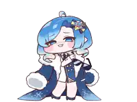 a cartoon drawing of a girl with blue hair wearing a blue coat