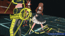 a girl in a black dress is standing in front of a sign that says marinasu on it