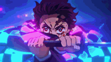 a close up of a person holding a sword in their mouth