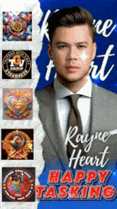 a poster for rayne heart 's happy tasking shows a man in a suit and tie