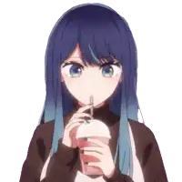 a girl with blue hair is drinking through a straw from a cup