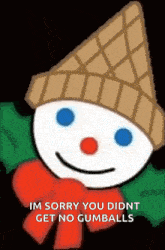 a cartoon of a snowman with a waffle cone on his head and a red bow around his neck