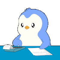 a blue and white penguin is using a calculator and a receipt