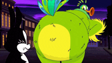 a black and white cartoon character is standing next to a large green cartoon character