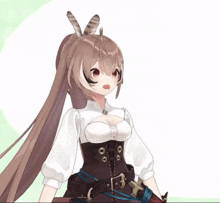 a girl with long brown hair is wearing a white shirt and brown corset