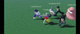 a group of cartoon characters including patrick star and spongebob are playing a game