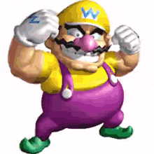 a pixel art of a cartoon character with a yellow hat and purple pants