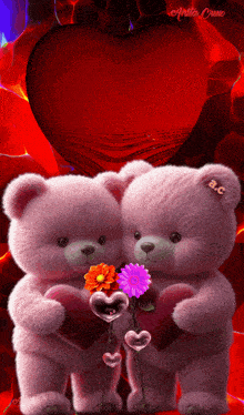 two teddy bears holding hearts and flowers in front of a heart