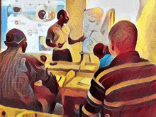a painting of a group of people sitting around a table