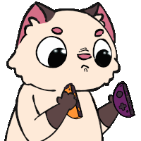 a cartoon cat is holding a purple and orange controller