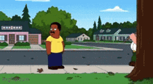 a cartoon of a man in a yellow shirt standing on the sidewalk