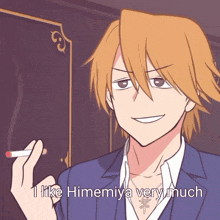 a cartoon of a man smoking a cigarette with the words i like himemiya very much below him
