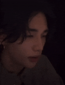 a close up of a person 's face in a dark room