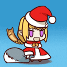 a cartoon girl wearing a santa hat and holding a cat