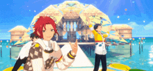 a group of anime characters are standing in front of a large building in the water