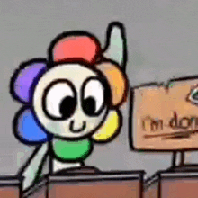 a cartoon flower is giving a thumbs up next to a sign that says `` i 'm done '' .