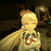 a cartoon girl with a bow on her head is standing in a dark room