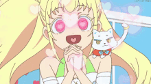 a cartoon of a girl with hearts in her eyes and a cat
