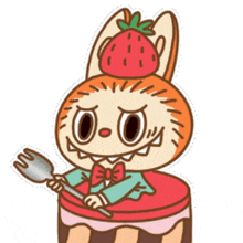 a cartoon character with a strawberry on top of his head is holding a fork