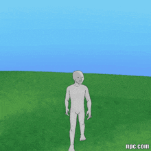 a cartoon of a naked man standing in a field with the website npc.com below