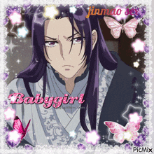 a picture of a man with long purple hair and the words babygirl on it