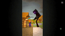 two minecraft characters , steve and enderman , are standing next to each other on a wall .
