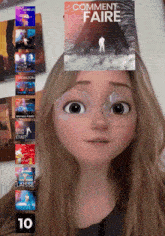 a girl with glasses and a poster that says comment faire on her face