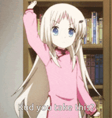 a girl in a pink sweater is standing in front of a bookshelf and says " kud you take this ? "