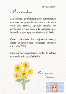 a letter in spanish with a bouquet of sunflowers