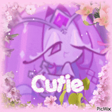 a picture of a girl with the word cutie written in white