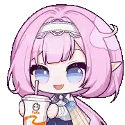 a pixel art of a girl with pink hair holding a drink .