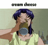a woman is drinking from a can with the words cream cheese below her